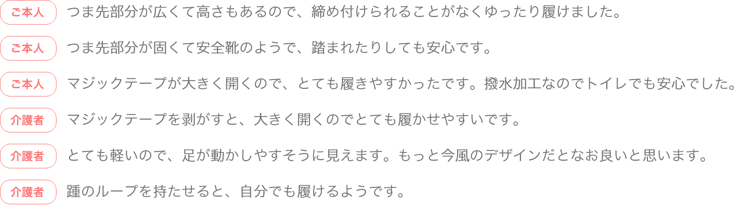 つま先部分が広くて高さもあるので、締め付けられることがなくゆったり履けました。つま先部分が固くて安全靴のようで、踏まれたりしても安心です。マジックテープが大きく開くので、とても履きやすかったです。撥水加工なのでトイレでも安心でした。マジックテープを剥がすと、大きく開くのでとても履かせやすいです。とても軽いので、足が動かしやすそうに見えます。もっと今風のデザインだとなお良いと思います。踵のループを持たせると、自分でも履けるようです。