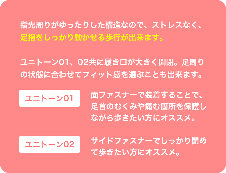 指先周りがゆったりした構造なので、ストレスなく、足指をしっかり動かせる歩行が出来ます。ユニトーン01、02共に履き口が大きく開閉。足周りの状態に合わせてフィット感を選ぶことも出来ます。ユニトーン01は面ファスナーで装着することで、足首のむくみや痛む箇所を保護しながら歩きたい方にオススメ。ユニトーン02はサイドファスナーでしっかり閉めて歩きたい方にオススメ。