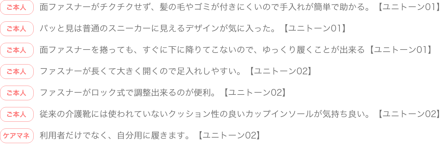 面ファスナーがチクチクせず、髪の毛やゴミが付きにくいので手入れが簡単で助かる。【ユニトーン01】
パッと見は普通のスニーカーに見えるデザインが気に入った。【ユニトーン01】
面ファスナーを捲っても、すぐに下に降りてこないので、ゆっくり履くことが出来る【ユニトーン01】
ファスナーが長くて大きく開くので足入れしやすい。【ユニトーン02】
ファスナーがロック式で調整出来るのが便利。【ユニトーン02】
従来の介護靴には使われていないクッション性の良いカップインソールが気持ち良い。【ユニトーン02】
利用者だけでなく、自分用に履きます。【ユニトーン02】